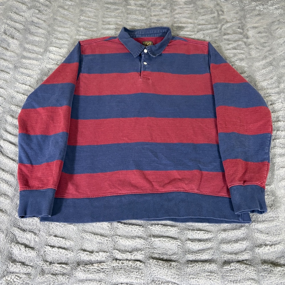 Obey Mens Large Rugby Shirt Long Sleeve Polo Striped Navy Blue Burgundy Cotton